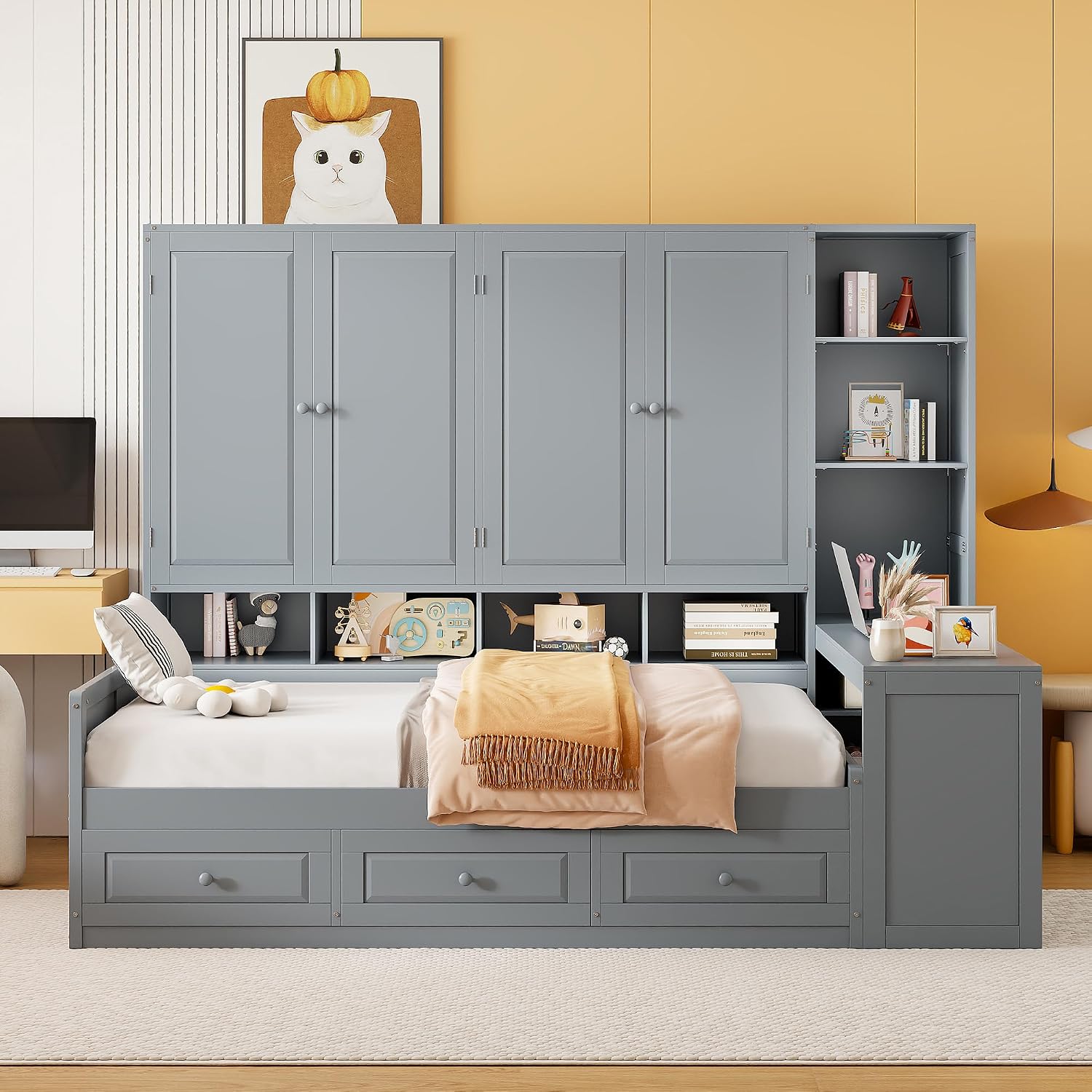 KLMM Full Size Wooden Daybed with Three Drawers and All-in-One Cabinet,Desk and Shelves,for Living Room Bedroom Use (Gray#Shelves, Full)