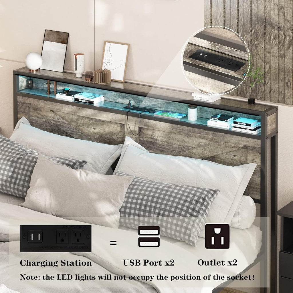 Halitaa LED Full Size Bed Frame with Charging Station, Platform Metal Bed with Headboard Storage & USB Ports Outlets, Farmhouse Bed Frame with Lights for Bedroom, Noise Free, Wash Grey (Full)