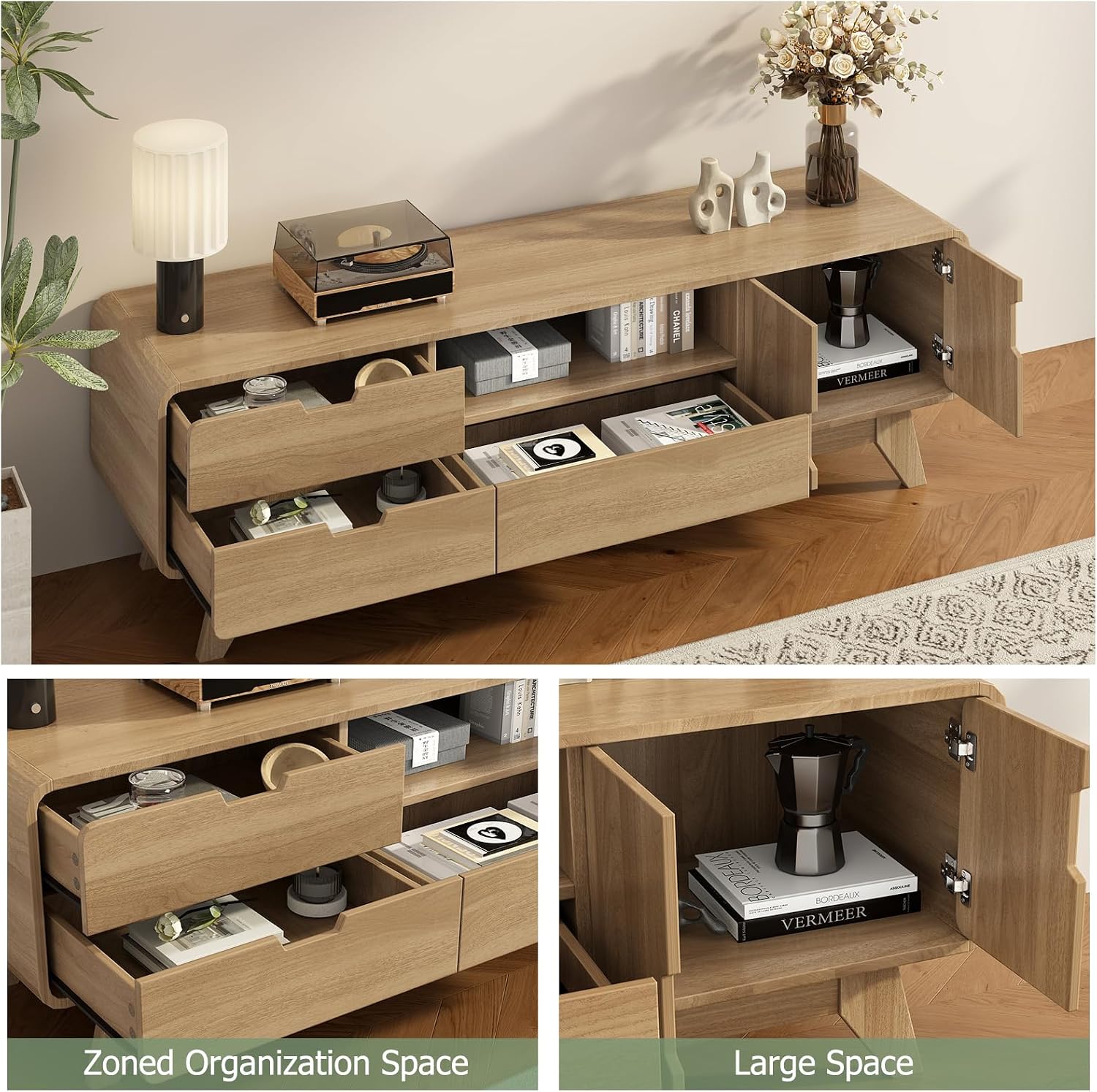 EAG Mid Century Modern TV Stand for 65 Inch TV, Entertainment Center with with Storage Cabinet & 3 Drawers, TV and Media Console for Living Room, Bedroom, Natural