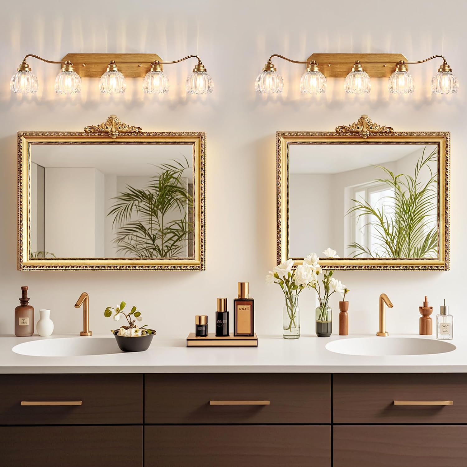 Vintage Bathroom Light Fixtures, 5 Light Gold Bathroom Vanity Light, Matte Antique Brass Finish with Crystal Glass Shade, Wall Sconces Lighting for Bedroom, Living Room, Hallway