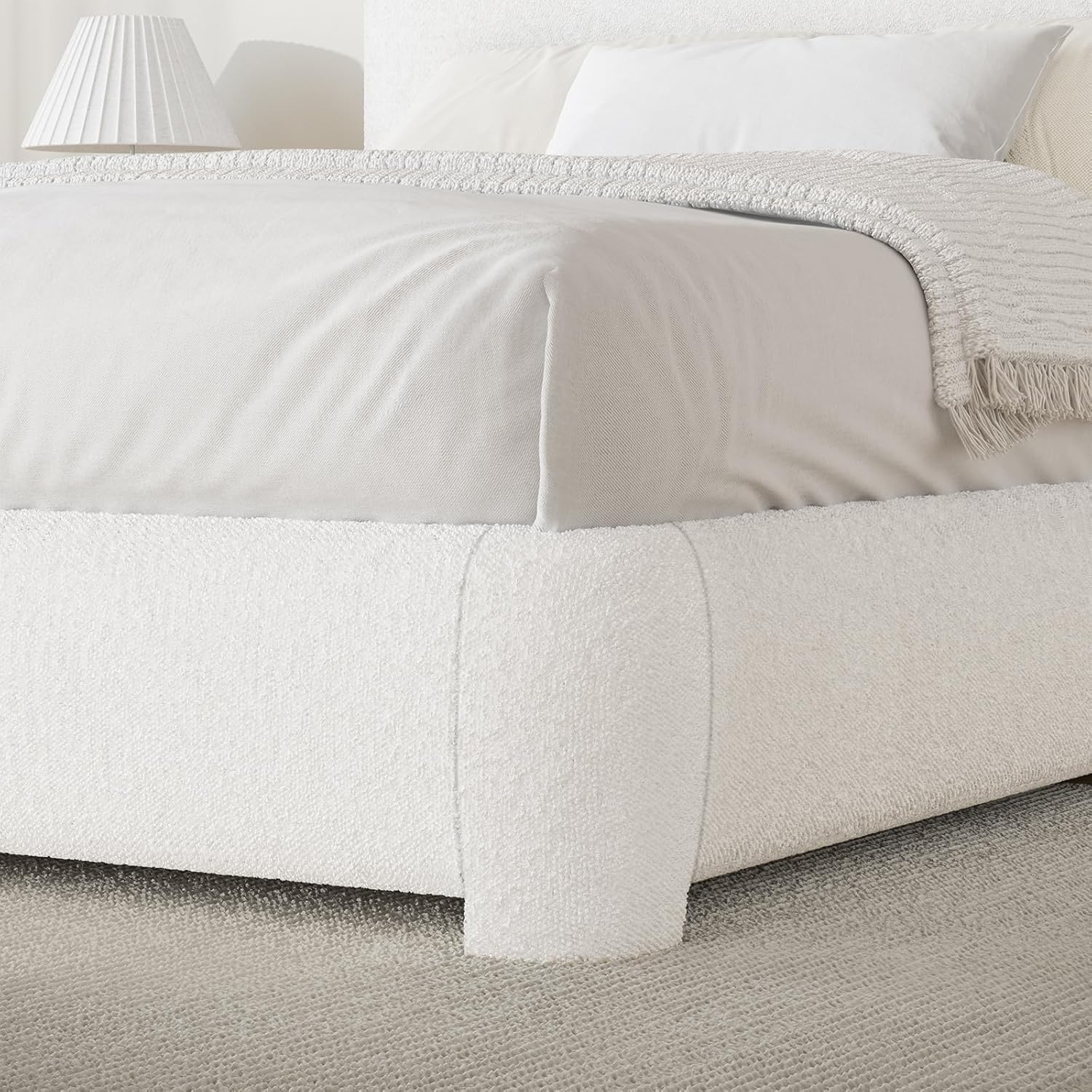 BarnFurin Boucle Upholstered Bed Frame King Size/Cloud Bed Frame/Soft Rounded Corners Headboard/Low Profile/No Box Spring Needed/Non-Slip and Noise-Free/White