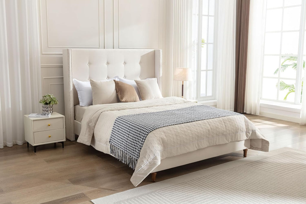 Ball & Cast Queen Bed Frame with Wingback Headboard, Velvet Upholstered Platform Bed with Strong Wooden Slats, Button Tufted and Nailhead Trim Design,No Box Spring Needed,Ivory