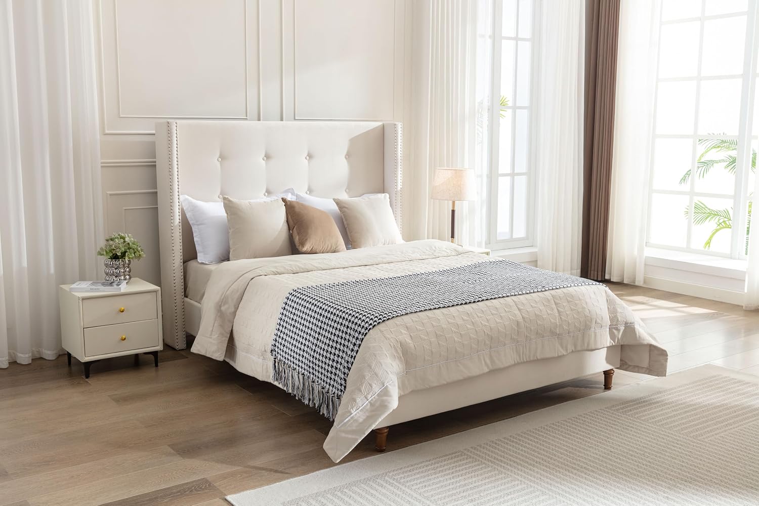 Ball & Cast Queen Bed Frame with Wingback Headboard, Velvet Upholstered Platform Bed with Strong Wooden Slats, Button Tufted and Nailhead Trim Design,No Box Spring Needed,Ivory