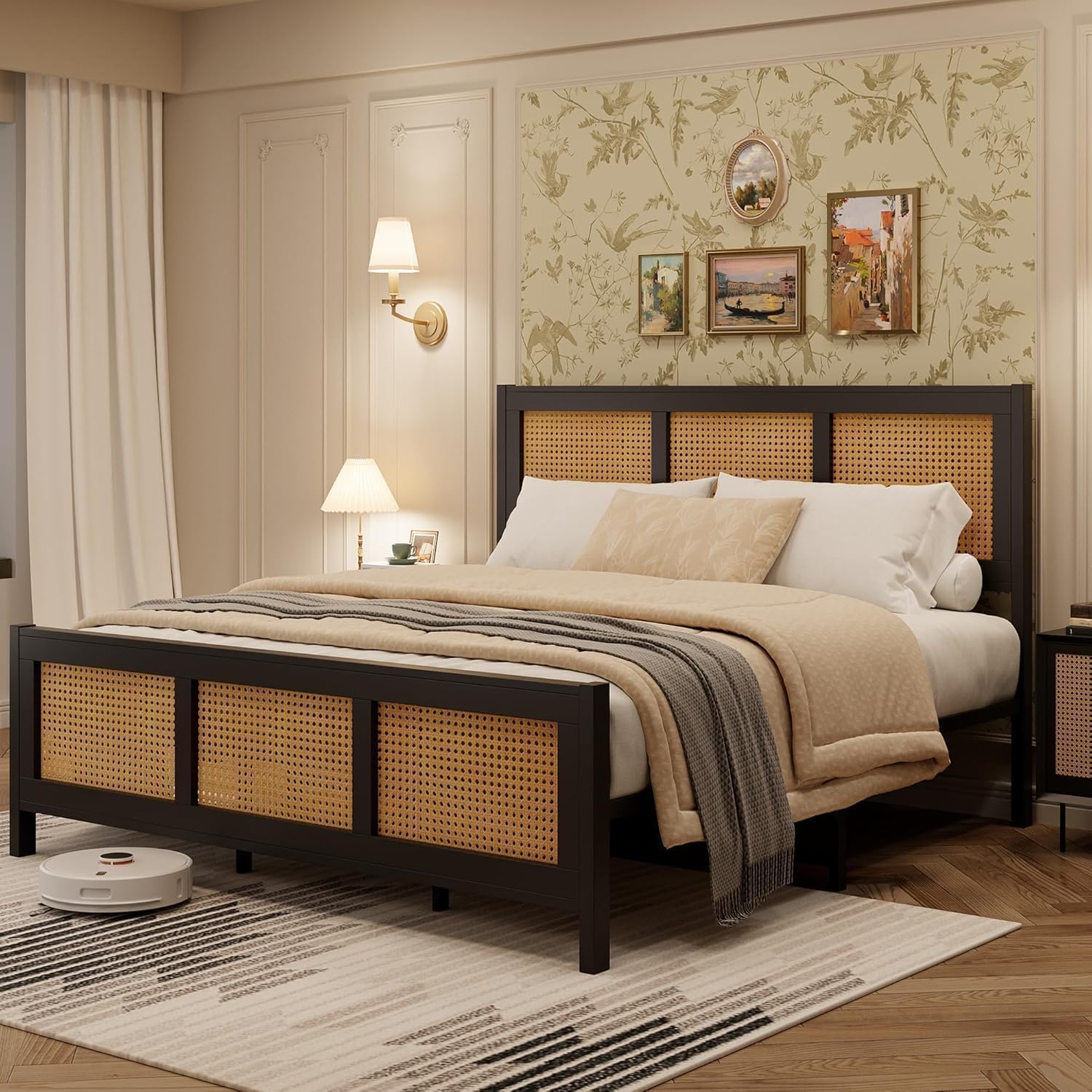 GarveeHome Queen Size Rattan Bed Frame with Headboard, Black Boho Cane Platform Bed Frame with Strong Metal Slat, Noise Free, No Box Spring Needed