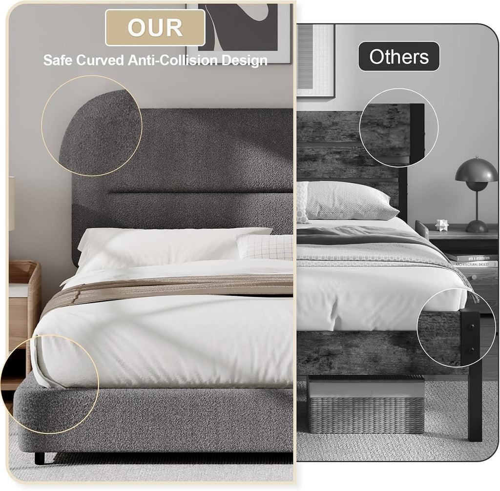 HOMBCK Twin Bed Frames, Upholstered Twin Bed Frame with Rounded Headboard, Soft Modern Twin Size Boucle Bed Frame with Thickened Footboard, Rounded Corners, No Box Spring Needed, Easy Assembly, Grey