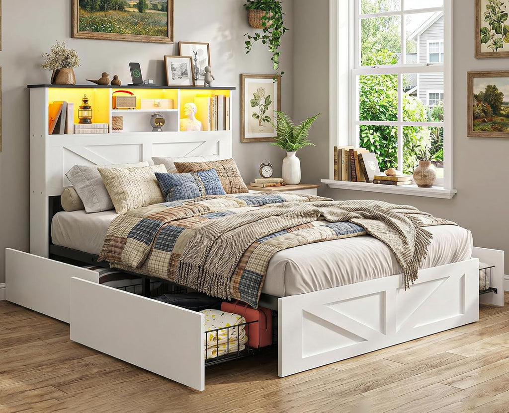 AOGLLATI Twin Bed with Storage Bookcase Headboard and 4 Drawers,Wooden Farmhouse Twin Bed Frame with Charging Station, Led Lights & Metal Slats,White