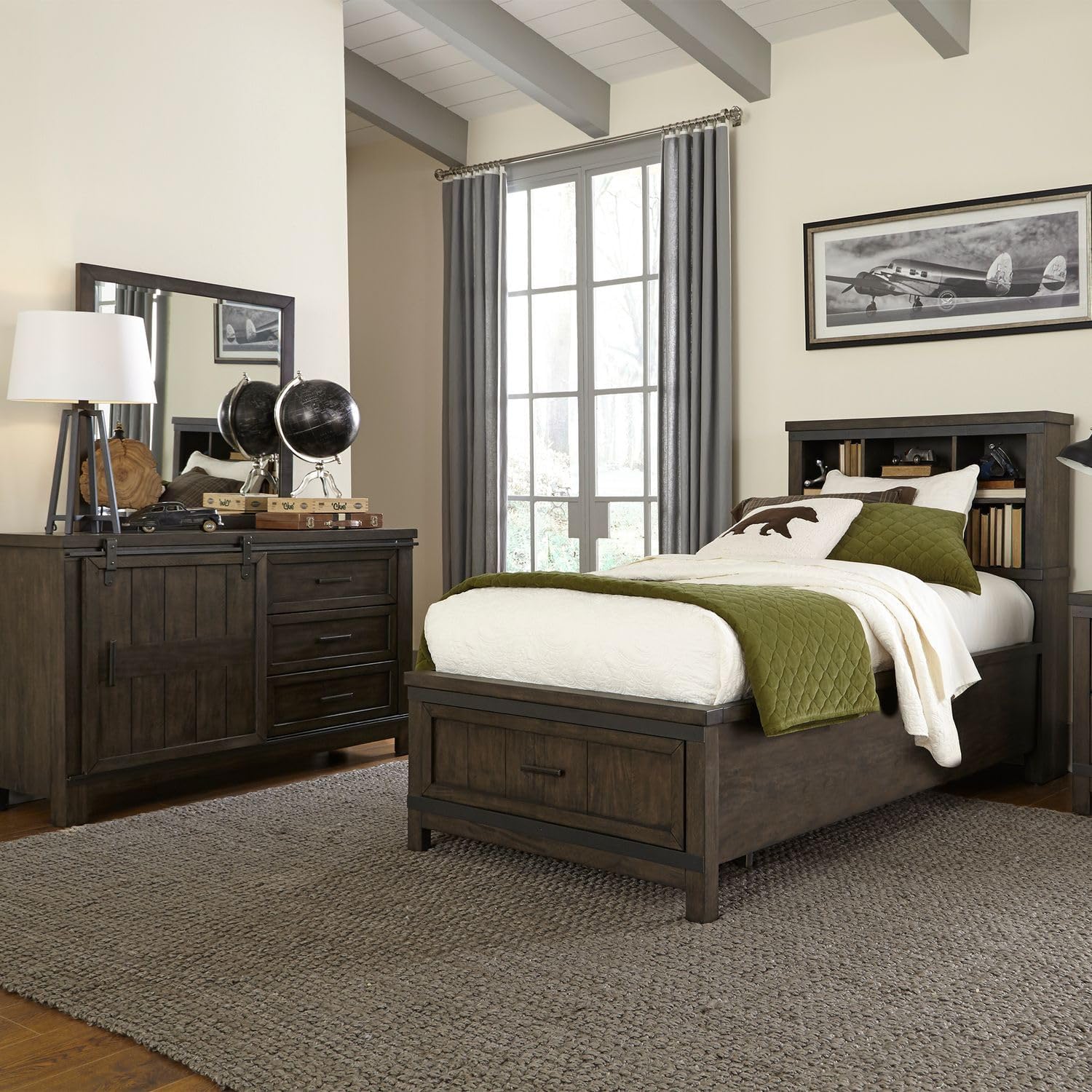 Liberty Furniture Thornwood Hills Twin Bookcase Bed, Dresser & Mirror Rustic Youth Bedroom Set - Rock Beaten Brown with Saw Cuts