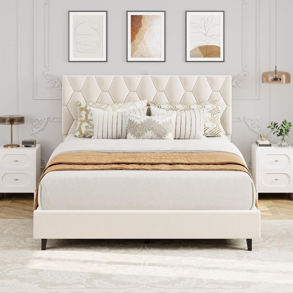 GAOMON Beige Full Bed Frame with Upholstered Headboard, Heavy-Duty Platform Bed Frame with Strong Wood Slats, No Box Spring Needed/Noise Free/Easy Assembly