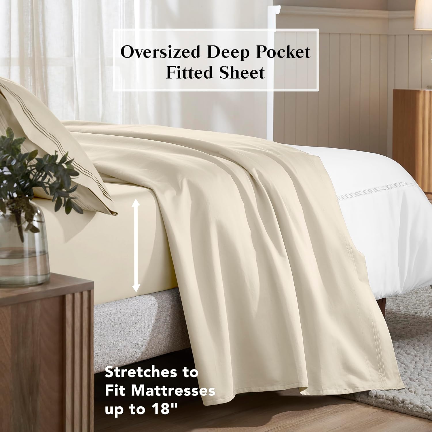 Superior Egyptian Cotton 4 Piece Sheet Set, 650 Thread Count, Modern Design, Sustainable Sheets, Ultra-Soft Basics, Solid, Deep Pocket Fitted Sheet, Flat Sheet, Pillowcases, King, Ivory
