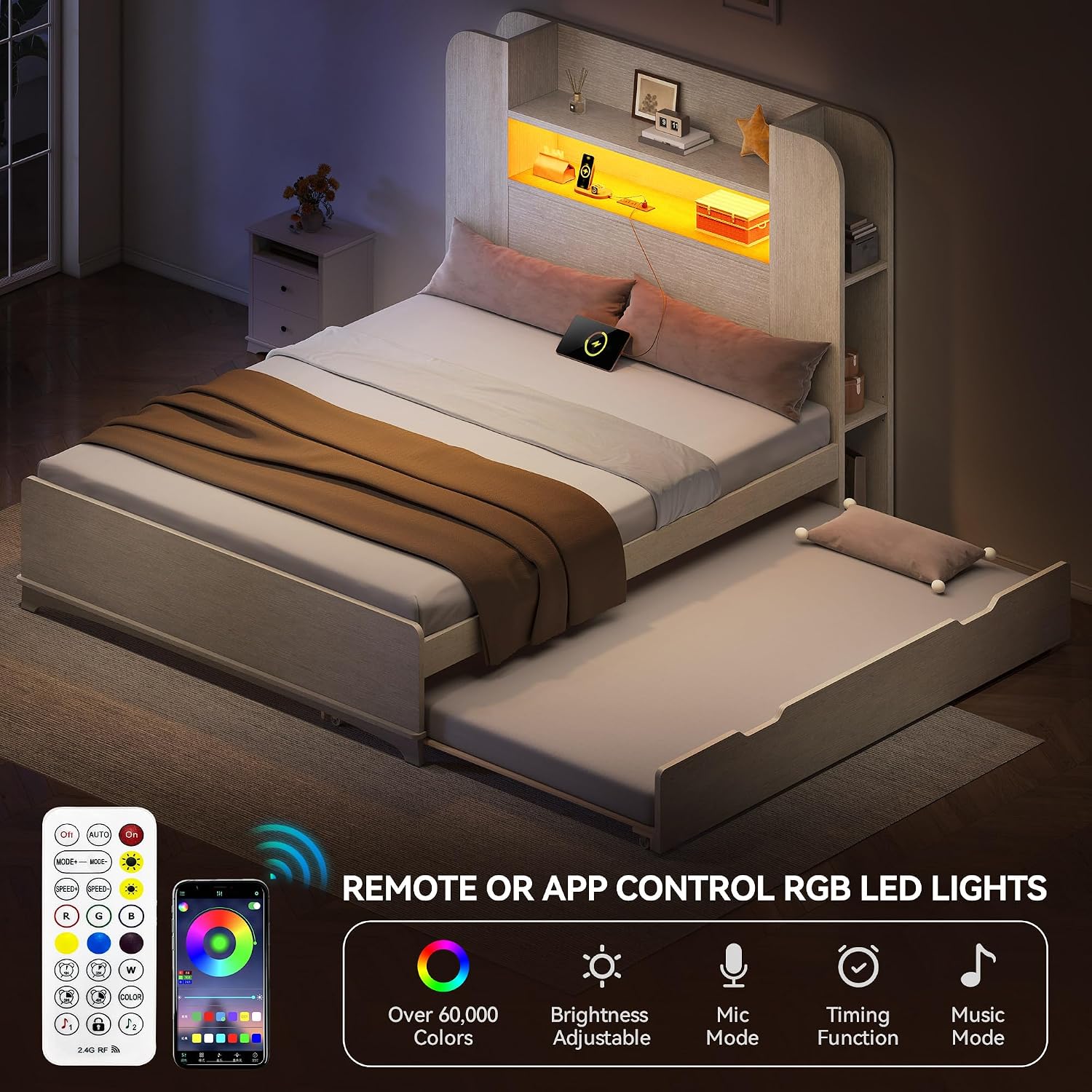 DWVO Twin Size Bed with Trundle, Bookcase Bed Frame with Storage Headboard and Charging Station, RGB LED Lights Bed with Wooden Support with Type-C, No Box Spring Needed, Noise Free, White