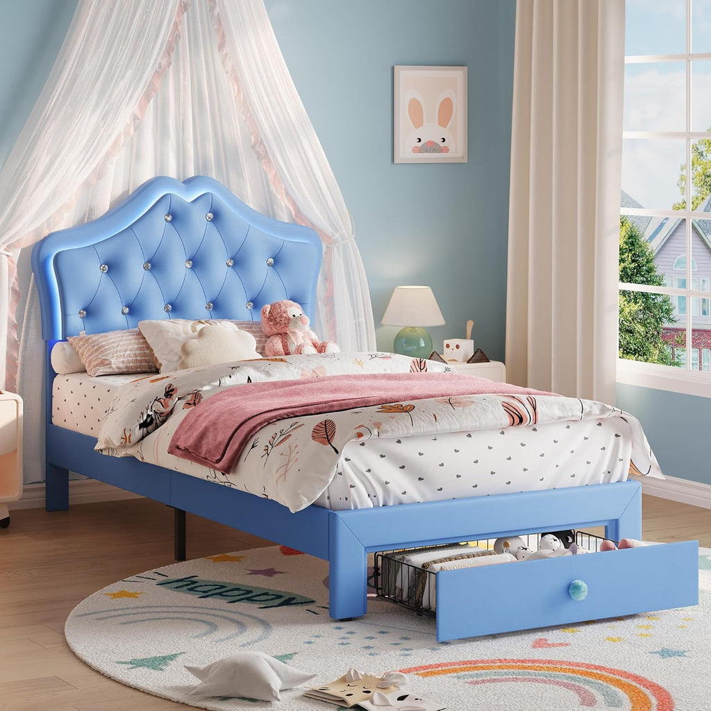 Garvee Twin Size Bed Frame with LED Lights & Velvet Crystal Button Headboard, Upholstered Boy/Girl Platform Bed with Storage Drawer, Noise Free, No Box Spring Needed for Kids, Teens, Blue