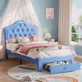 Garvee Twin Size Bed Frame with LED Lights & Velvet Crystal Button Headboard, Upholstered Boy/Girl Platform Bed with Storage Drawer, Noise Free, No Box Spring Needed for Kids, Teens, Blue