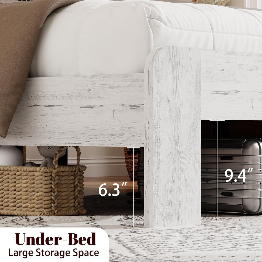 Queen Size Bed Frame with Headboard – Farmhouse Style Platform with LED Lights USB Charging No Box Spring Easy Assembly White Boho Bed Frame Modern Bedroom Sets (Boho White, Queen)