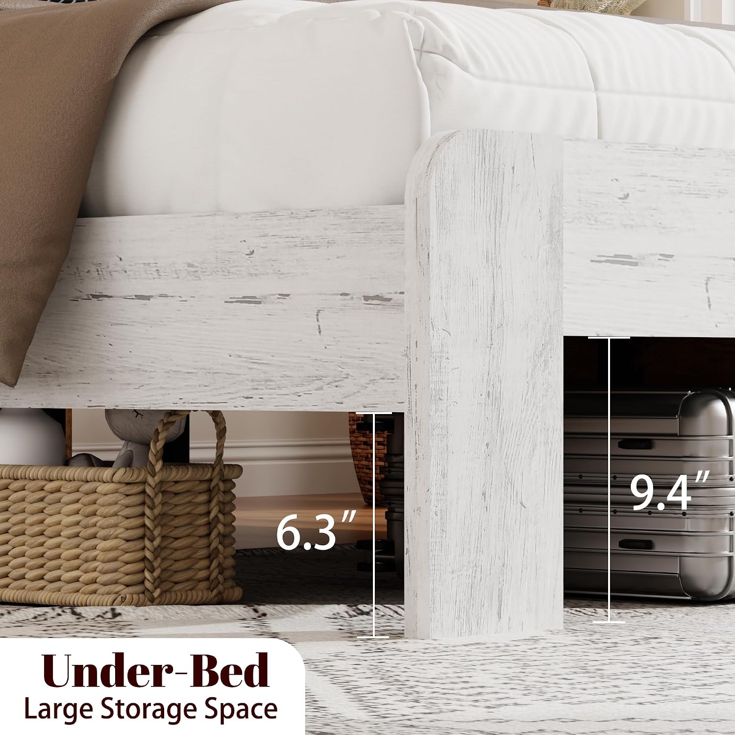 Queen Size Bed Frame with Headboard – Farmhouse Style Platform with LED Lights USB Charging No Box Spring Easy Assembly White Boho Bed Frame Modern Bedroom Sets (Boho White, Queen)