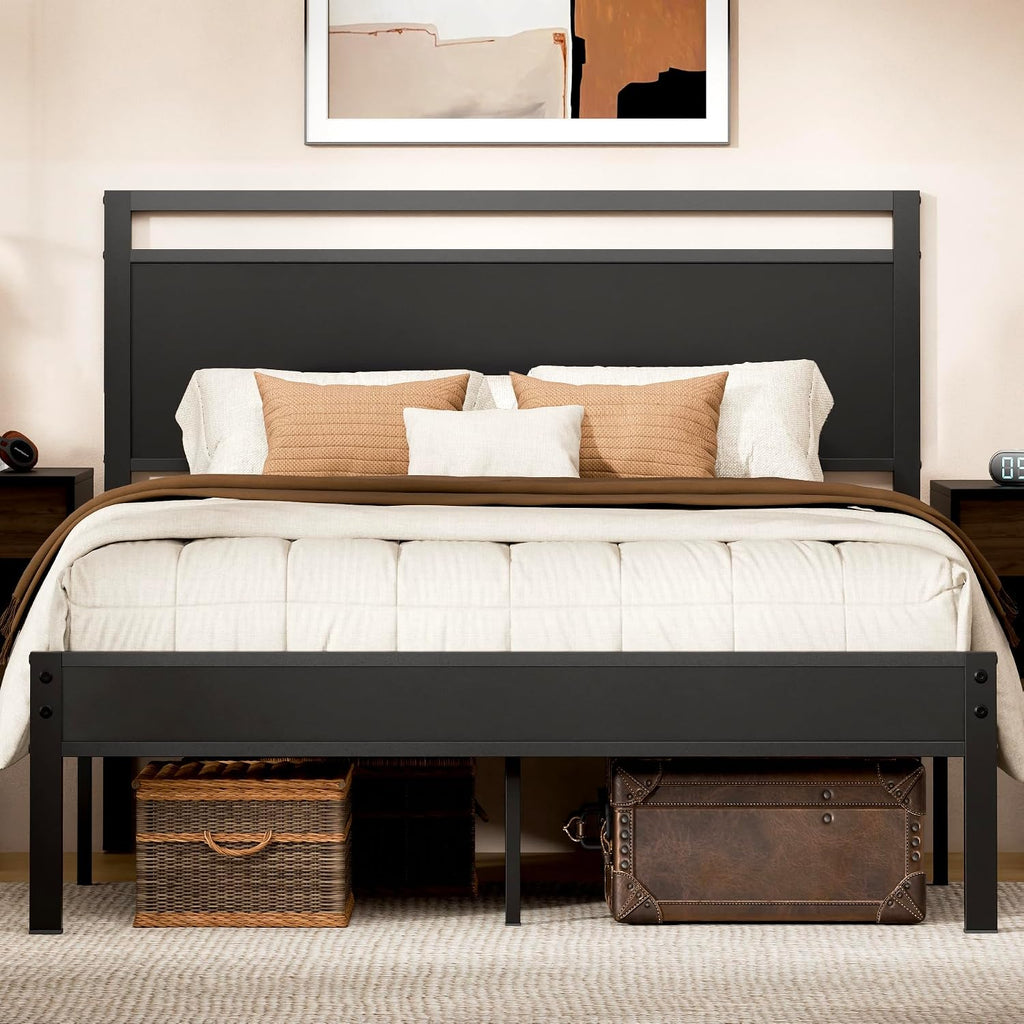 Easy to Assemble Queen Bed Frame with Wood Headboard & Footboard, Tool-Free Metal Platform Bed Frame, Upgraded Heavy Duty Sturdy Foundation, No Noise, No Box Spring Needed,Large Under Storage, Black