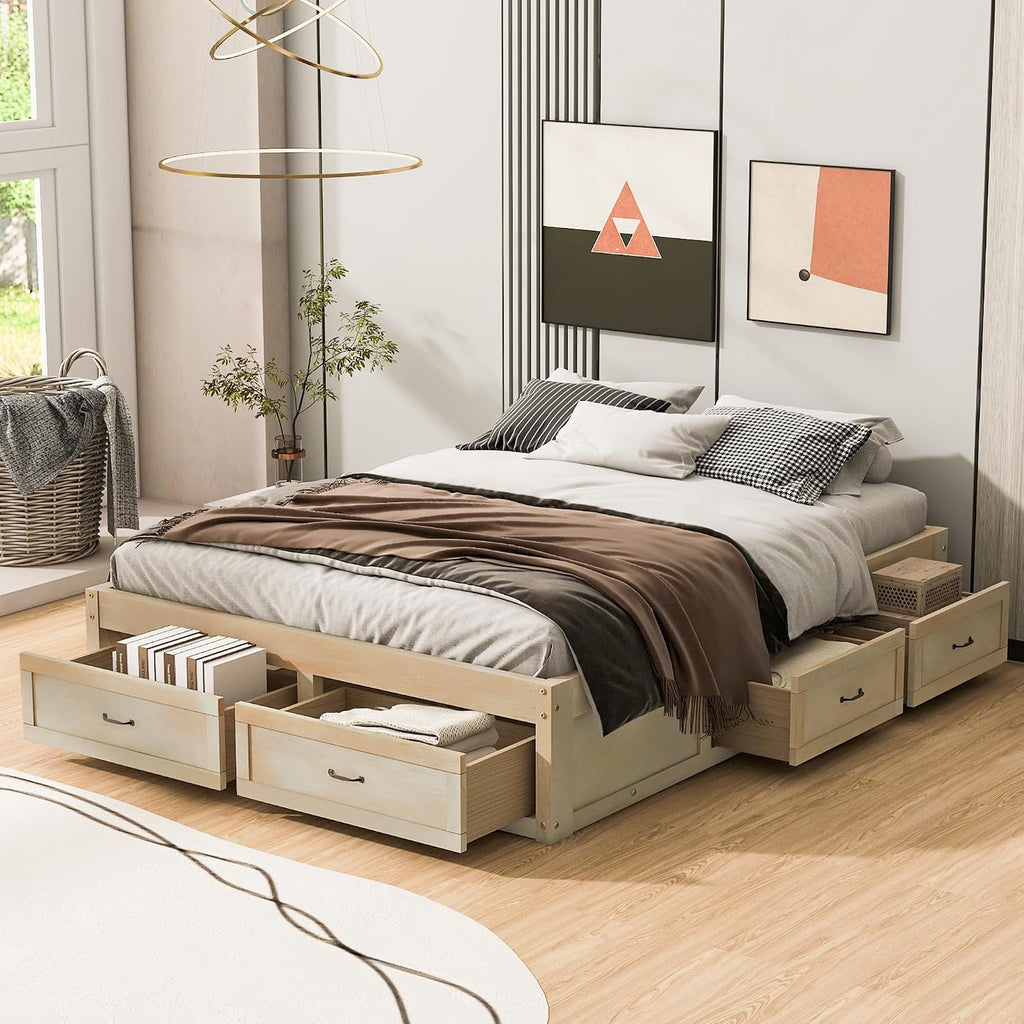 SOFTSEA Queen Size Bed Frame with 6 Storage Drawers, Wood Platform Bed Frame No Headboard with Support Slats, Farmhosue Platform Bed with Drawers, No Box Spring Needed, Easy Assembly, Antique Natural