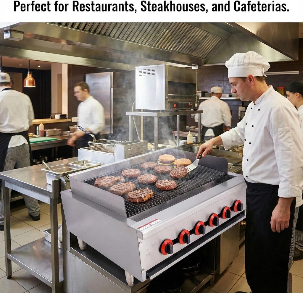 Commercial Gas Charbroiler, 36' 6-Burner 120,000 BTU Heavy-Duty Countertop Grill with Radiant Burners, ETL Certified, for Restaurants & Commercial Kitchens