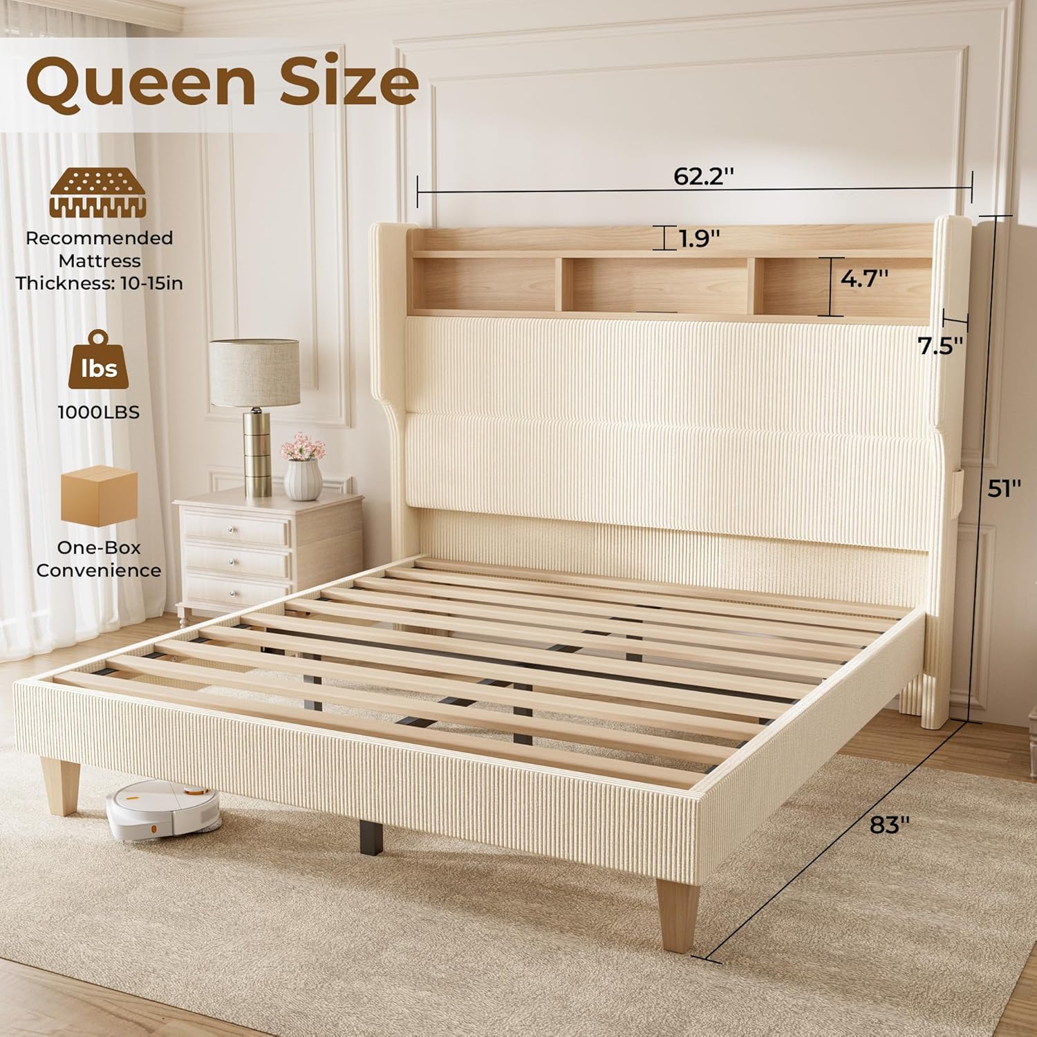 HOMRELEXA Queen Size Girls Bed Frame with 51' Tall Headboard, LED Lights & Charging Station, Corduroy Upholstered Platform Bed with Storage Shelf, No Box Spring Needed, Cream