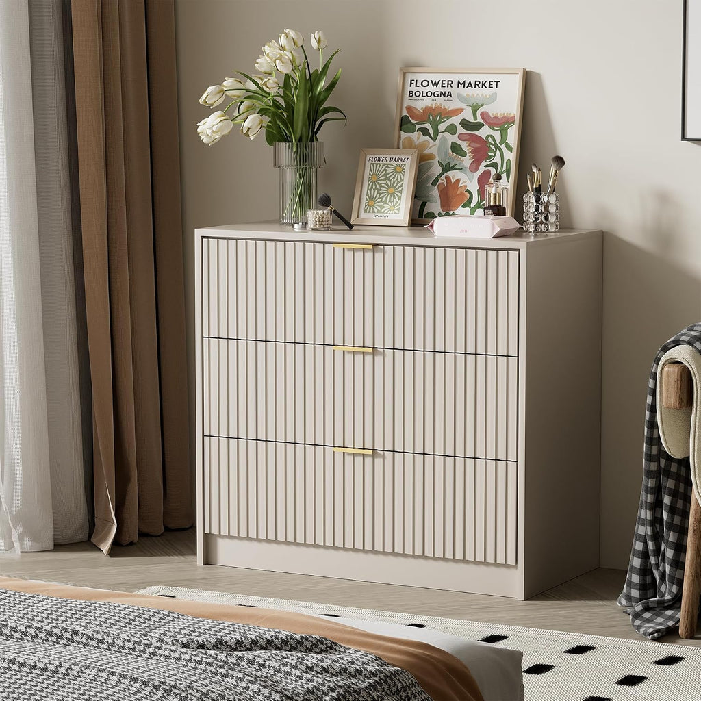 Furniway Beige Dresser Bedroom Set 3 Pieces, Nightstands Sets of 2, 5 Drawer Dresser with Gold Handles for Bedroom