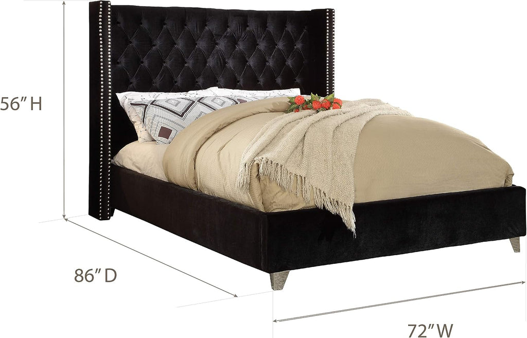Meridian Furniture Aiden Collection Modern | Contemporary Velvet Upholstered Bed with Deep Button Tufting, Solid Wood Frame, and Custom Chrome Legs, Queen, Black