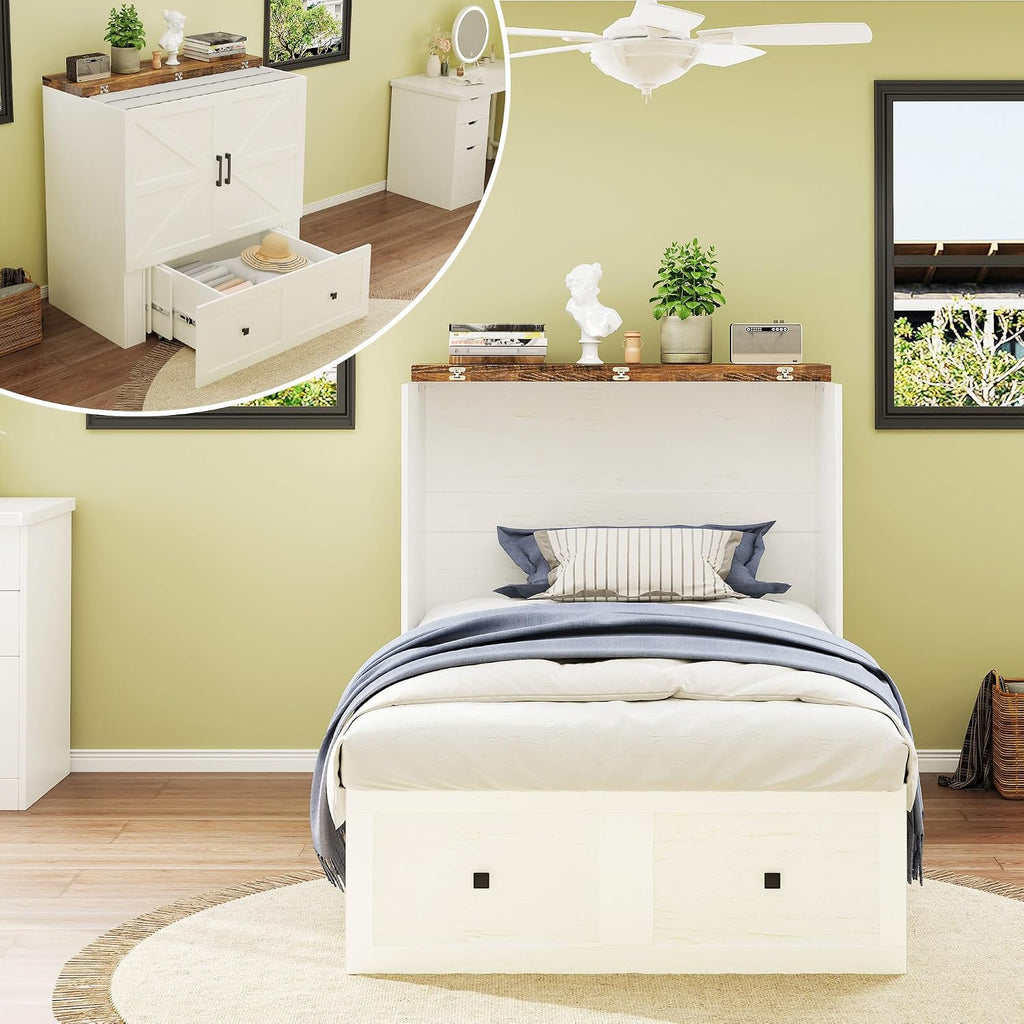 LUXOAK Twin Murphy Bed with Built-in Charging Station and Storage Drawer, Farmhouse Foldable Cabinet Bed for Guest Room, Apartment or Home Office, White