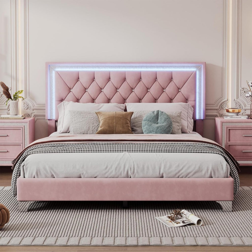 Flieks Bedroom Sets, 3-Pieces Bedroom Sets, Queen Size Upholstered Platform Bed with LED Lights and 2 Nightstands, Pink