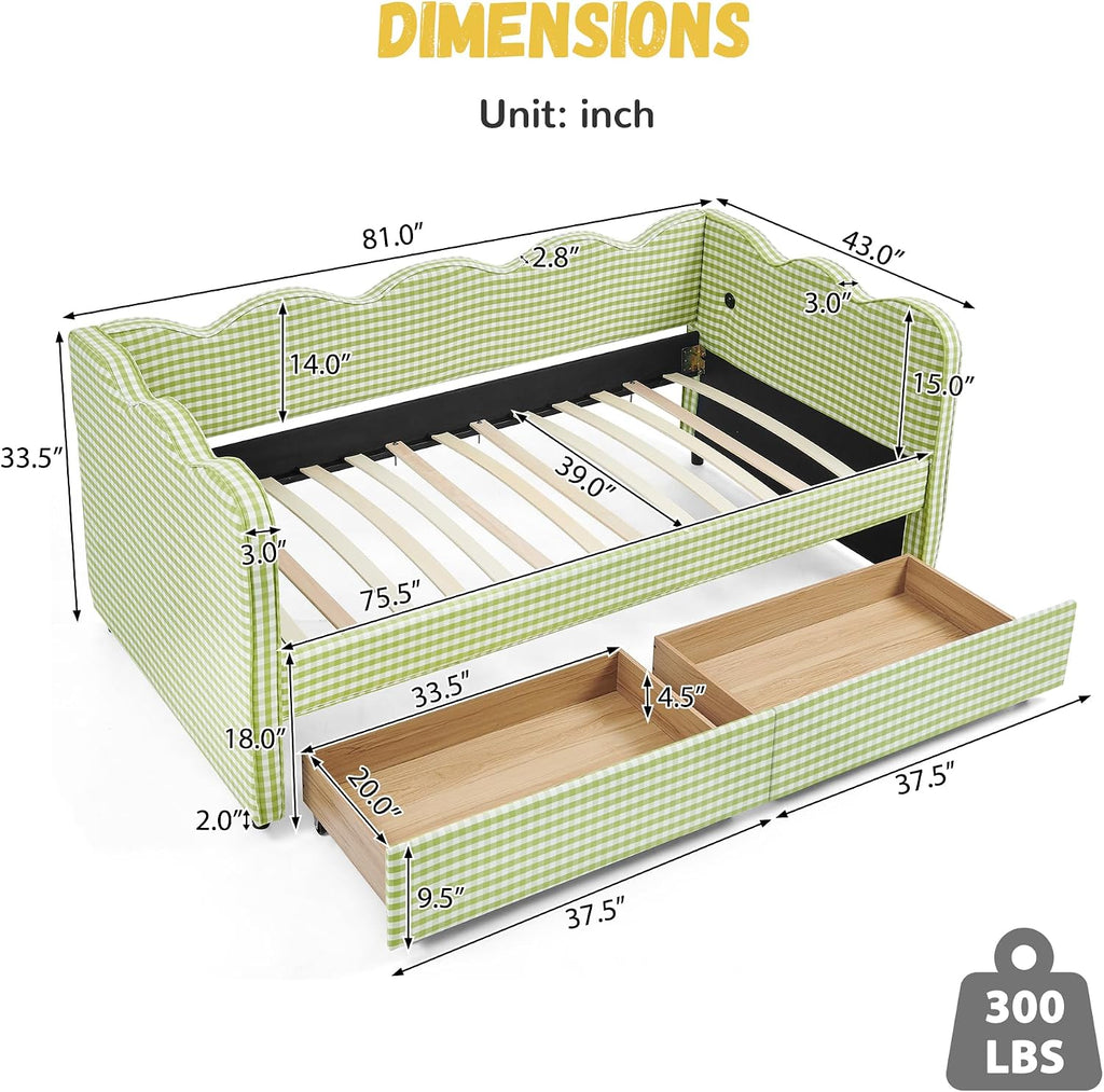 DEINPPA Twin Size Upholstered Daybed with 2 Storage Drawers, Gingham Daybed with USB Ports for Bedroom Living Room Guest Room-Green