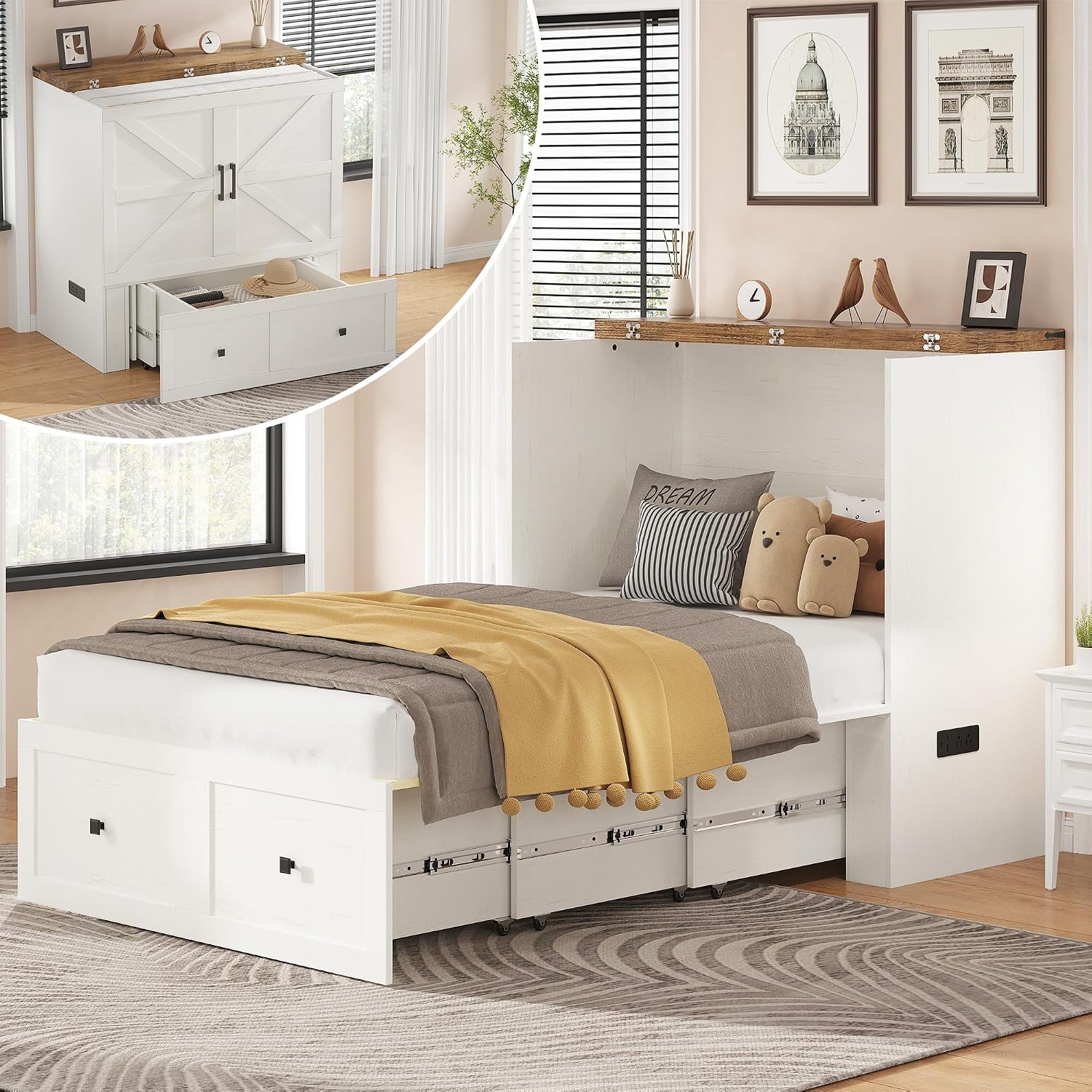 AMERLIFE Twin Murphy Bed Cabinet with Charging Station and Storage Drawer, Farmhouse Foldable Platform Bed for Home Office, Apartment, Small Spaces, Distressed White