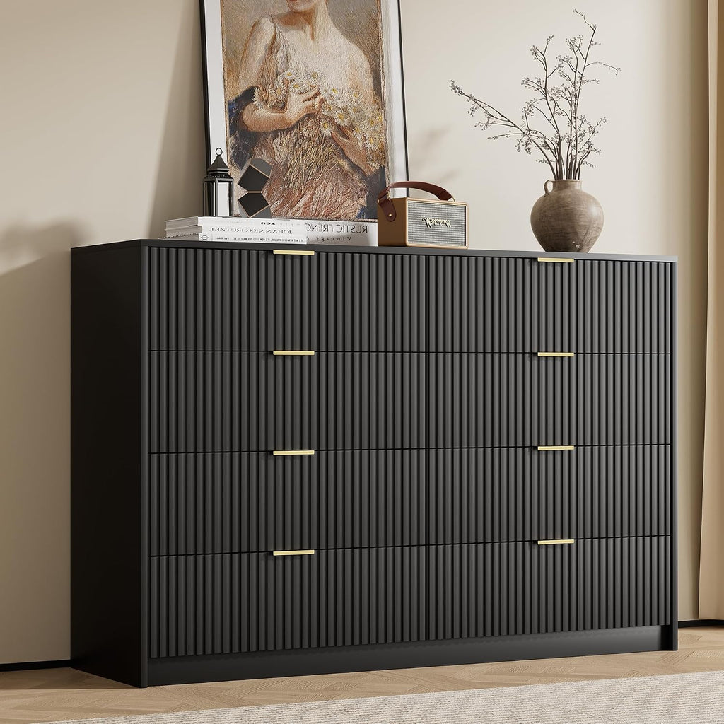 Furniway Black Dresser for Bedroom, 8 Drawer Wide Dresser with Smooth Slides, Modern Chest of Drawers with Gold Handles, Wood Storage Organizer for Closet