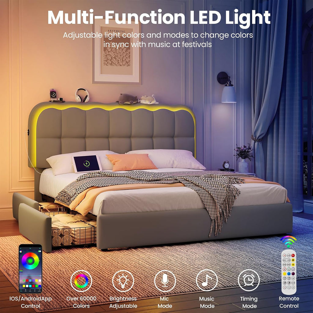 CypBed Queen Size Bed Frame with 4 Storage Drawers & LED Lights, Velvet Upholstered Platform Bed Frame with Charing Station and Adjustable Headboard, Wood Slats Support, No Box Spring Needed, Grey