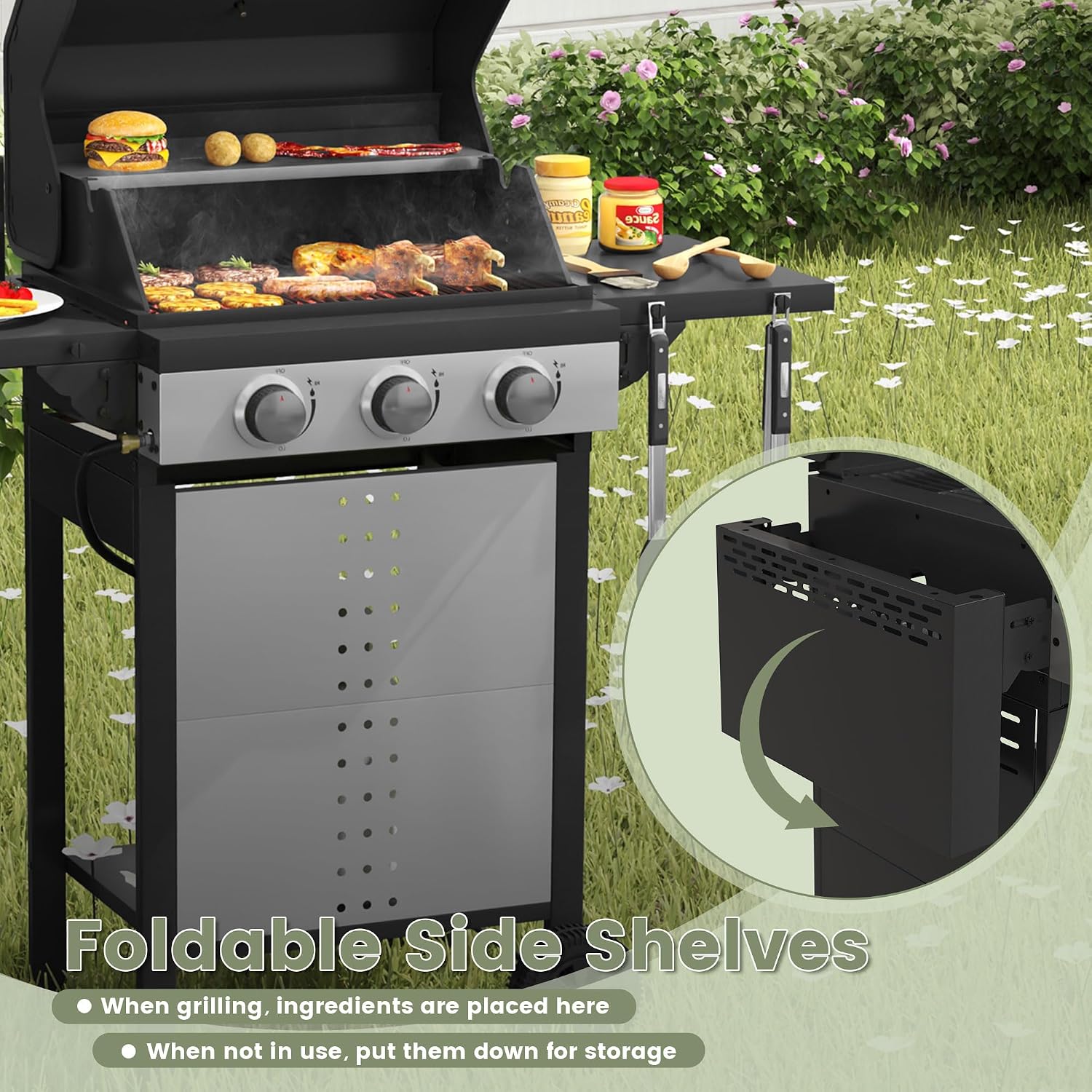 3 Burners Propane Gas Grill, Stainless Steel BBQ Grill with Porcelain-Enameled Cast Iron Grates, 28,500 BTU Outdoor Patio Barbeque Grill with 2 Foldable Side Tables for Party, Camping, Backyard