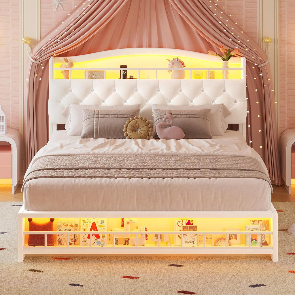 HAUOMS Full Bed Frame with LED Lights, Princess Velvet Upholstered Platform Bed for Girls, Headboard with Charging Station & Guardrail & Crystal Button, No Box Spring Needed, Beige