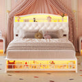 HAUOMS Full Bed Frame with LED Lights, Princess Velvet Upholstered Platform Bed for Girls, Headboard with Charging Station & Guardrail & Crystal Button, No Box Spring Needed, Beige