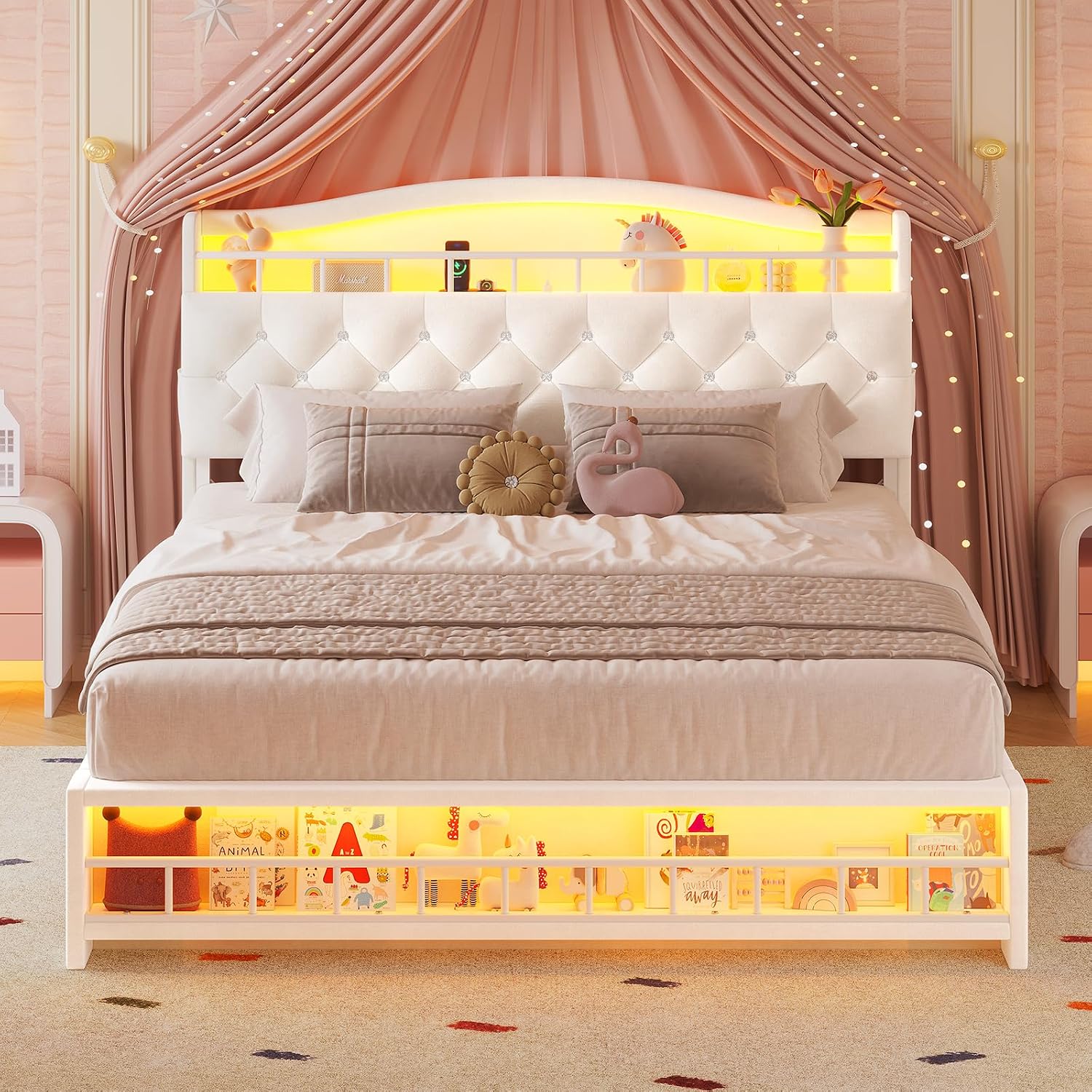 HAUOMS Full Bed Frame with LED Lights, Princess Velvet Upholstered Platform Bed for Girls, Headboard with Charging Station & Guardrail & Crystal Button, No Box Spring Needed, Beige