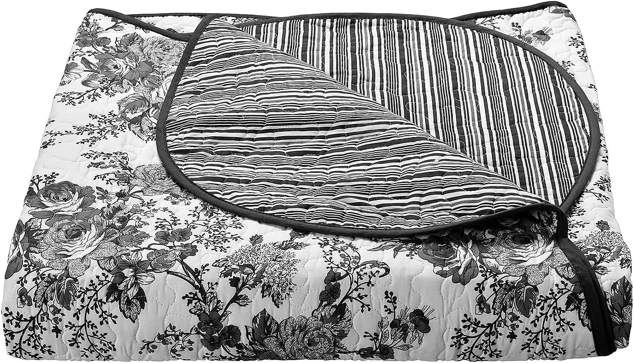 Wonderful 100% Cotton Black Floral Quilt Set King Size Bedding Sets with Pillow Shams and Bed Skirt, 4 Pieces Floral Bedspread Coverlet Set, Quilted Blanket Bed Cover for All Season, 104'x90'