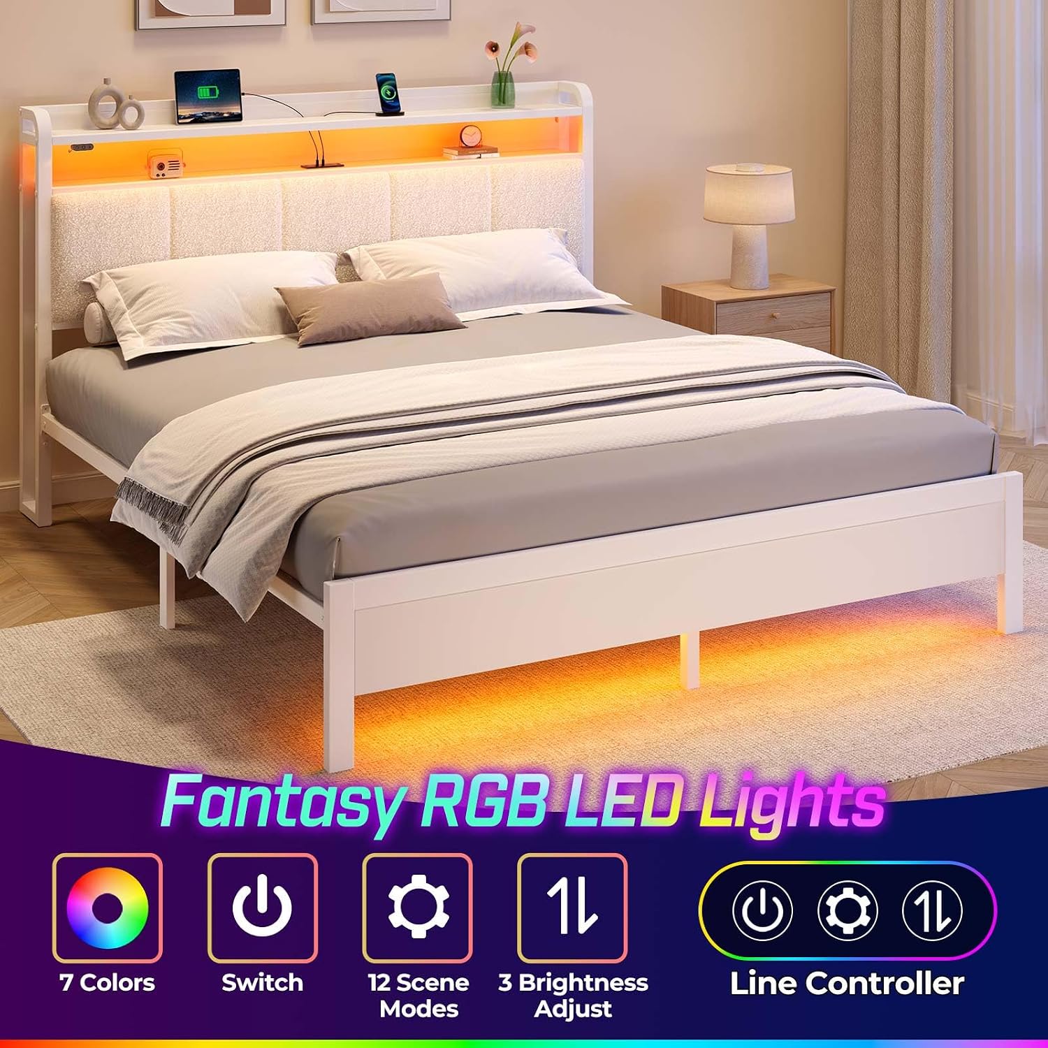 Rolanstar Bed Frame Queen Size with Charging Station and LED Lights, Upholstered Headboard with Storage Shelves, Heavy Duty Metal Slats, No Box Spring Need, Noise Free, Easy Assembly, White