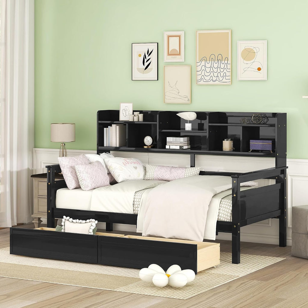 Merax Daybed with Bedside Shelves and 2 Drawers, Wooden Slats Support, Modern Living Daybed with Rails, Twin Size, Espresso