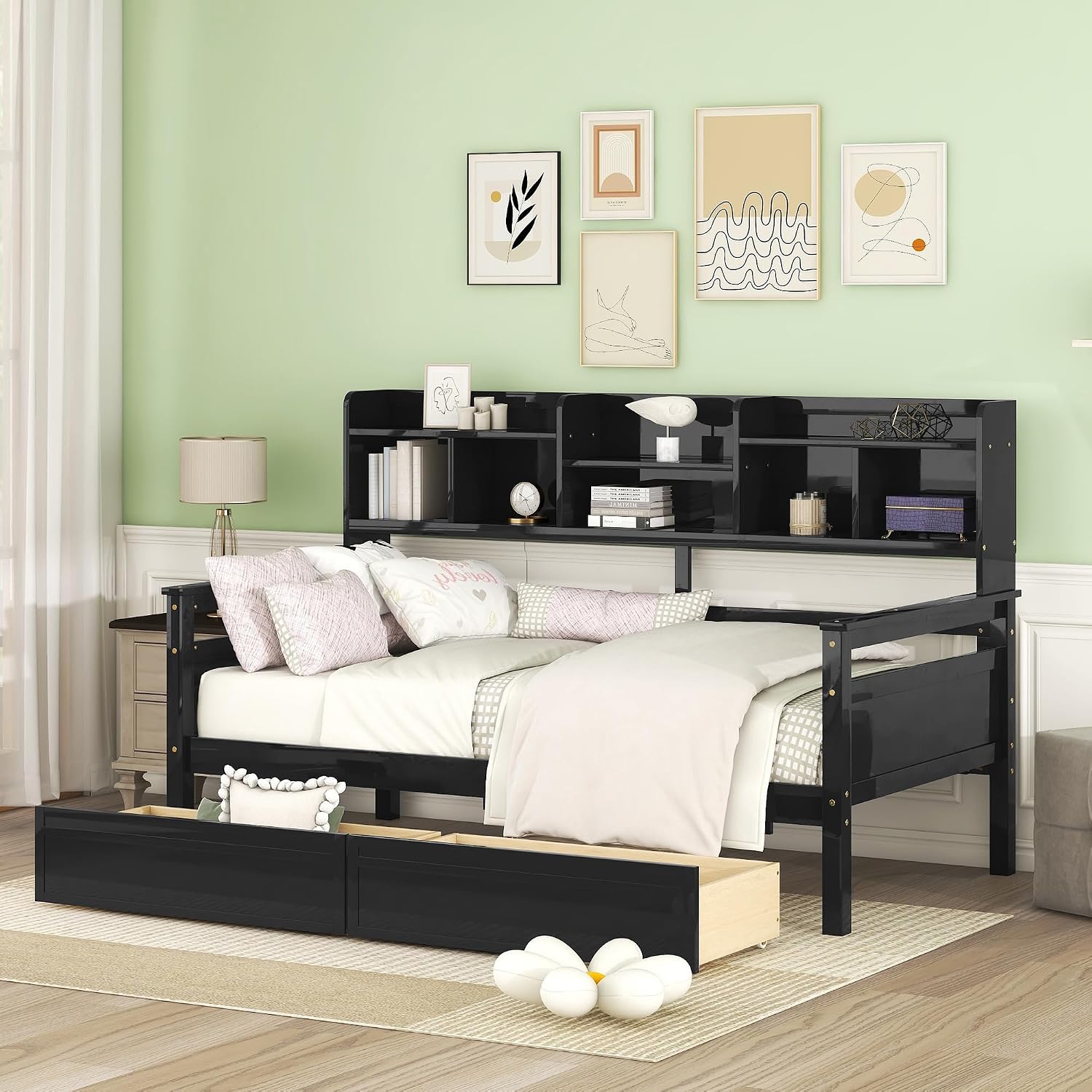 Merax Daybed with Bedside Shelves and 2 Drawers, Wooden Slats Support, Modern Living Daybed with Rails, Twin Size, Espresso