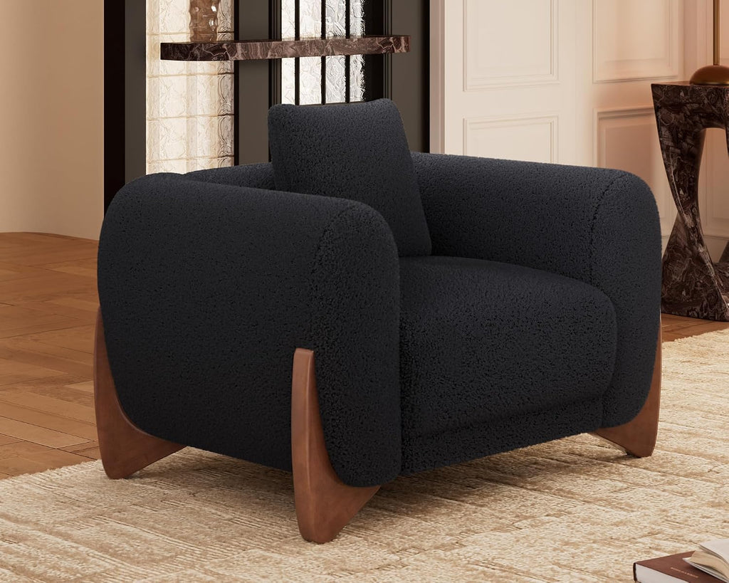 Morden Fort Sherpa Boucle Couch Armchair Single, Modern Sofa Upholstered Deep Chair with Soft Throw Pillow Skin-Friendly Minimalist Accent Chair Compatible with Sofa Set Couch for Living Room, Black