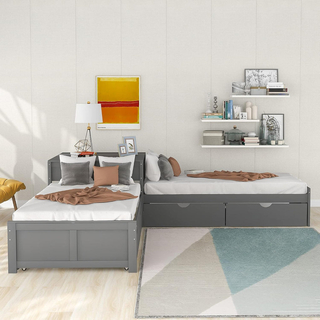 Merax Storage Daybed with Trundle, Twin Size L-Shaped Platform Bed with Convertible Trundle, Two Drawers and Built-in Desk for Living Room, Bedroom, Guest Room, No Box Spring Needed (Grey)