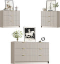 Furniway Beige Dresser Bedroom Set 3 Pieces, Nightstands Sets of 2, 6 Drawer Dresser with Gold Handles for Bedroom