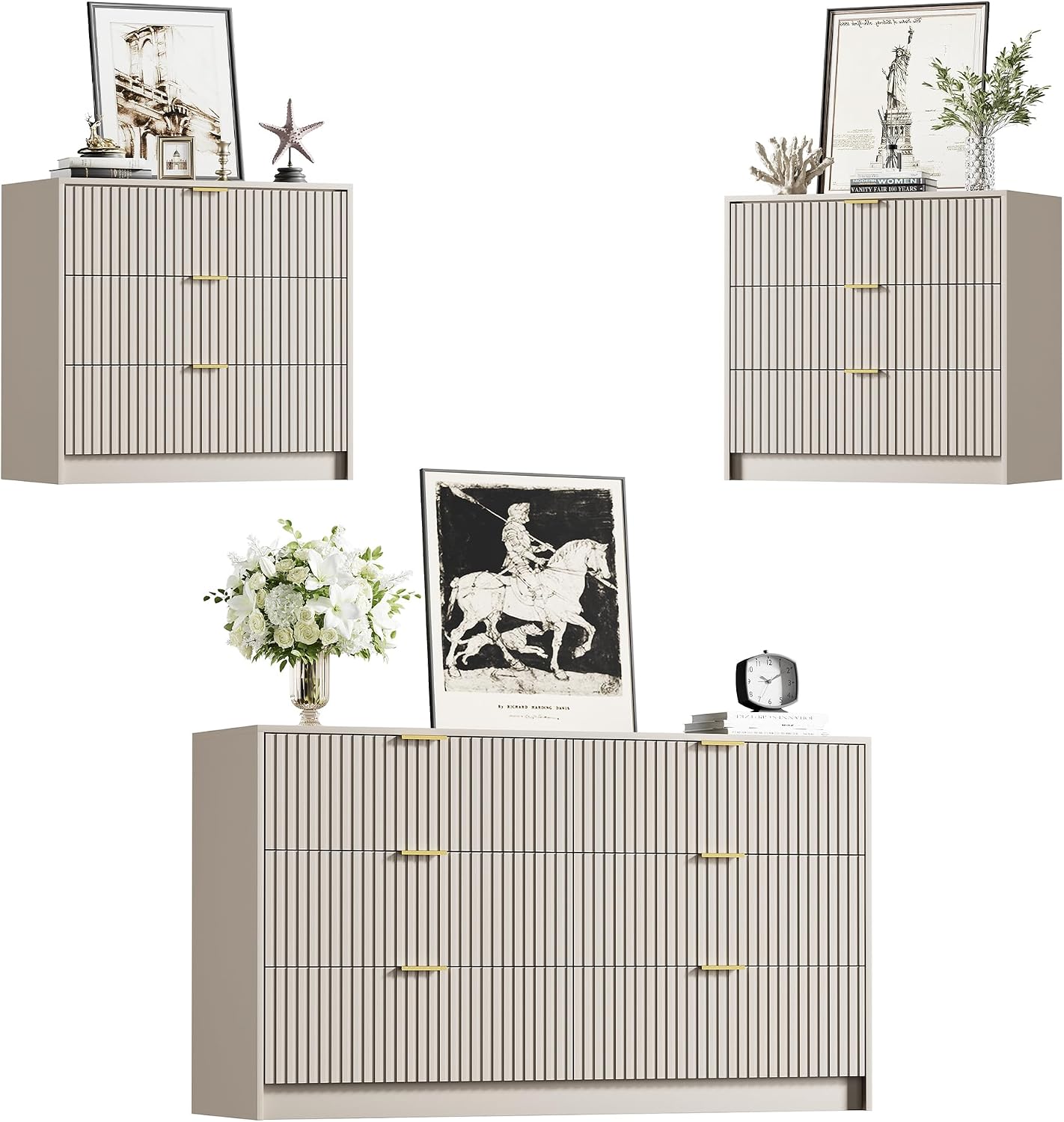 Furniway Beige Dresser Bedroom Set 3 Pieces, Nightstands Sets of 2, 6 Drawer Dresser with Gold Handles for Bedroom