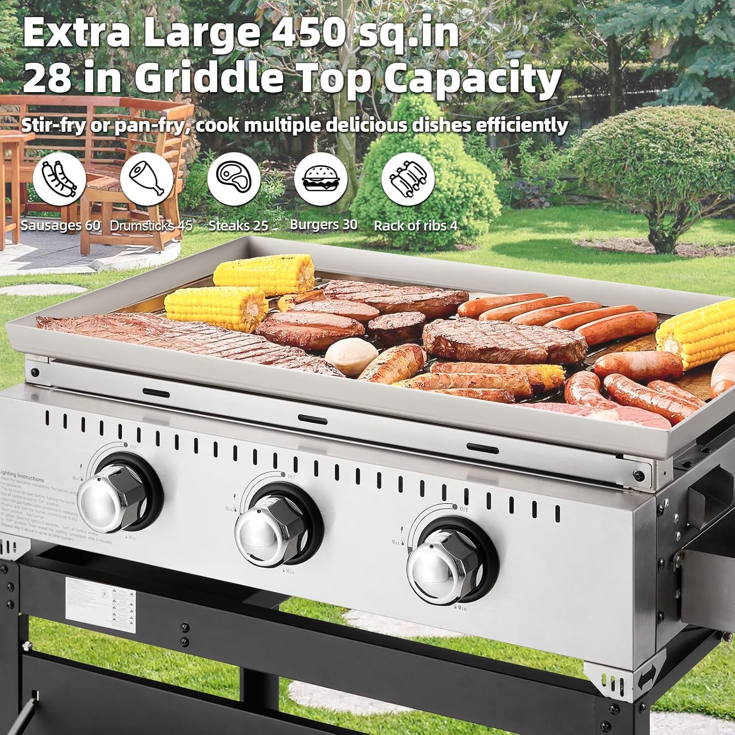 3 Burner 30000 BTU Outdoor Gas Griddle with Lid (Side Shelf), Portable Flat Top Griddle 28 Inch Heavy-Duty Cast Iron Grill, Bottle Rack & Grease Pan for Camping, Picnic, Patio