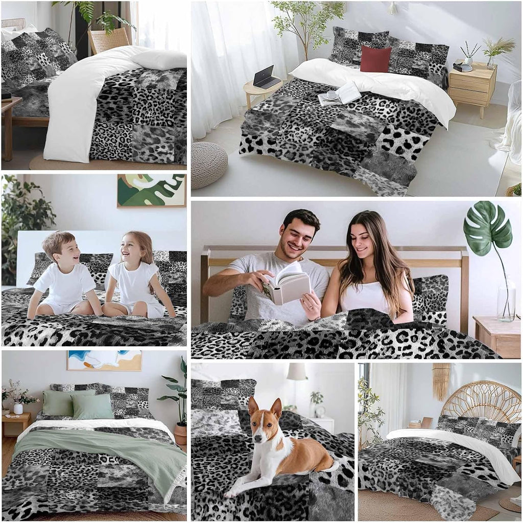Vintage Black Leopard Duvet Cover Set Queen Size 4 Pieces Animal Print Patchwork Style Art Painting Bedding Set with Zipper Closure, 1 Comforter Cover 92x106 Inches 1 Flat Sheet & 2 Pillow Cases