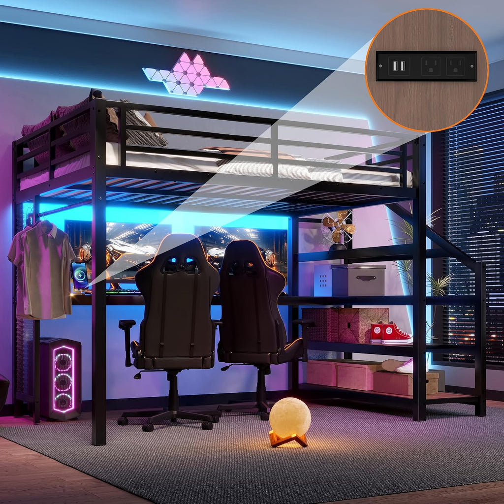 Bellemave Full Loft Bed with Desk & Storage Stairs, Metal Full Size Loft Bed Frame with Iron Nets, LED Lights & USB Ports, Heavy Duty Adult LoftBed for Bedroom, Noise-Free, Black