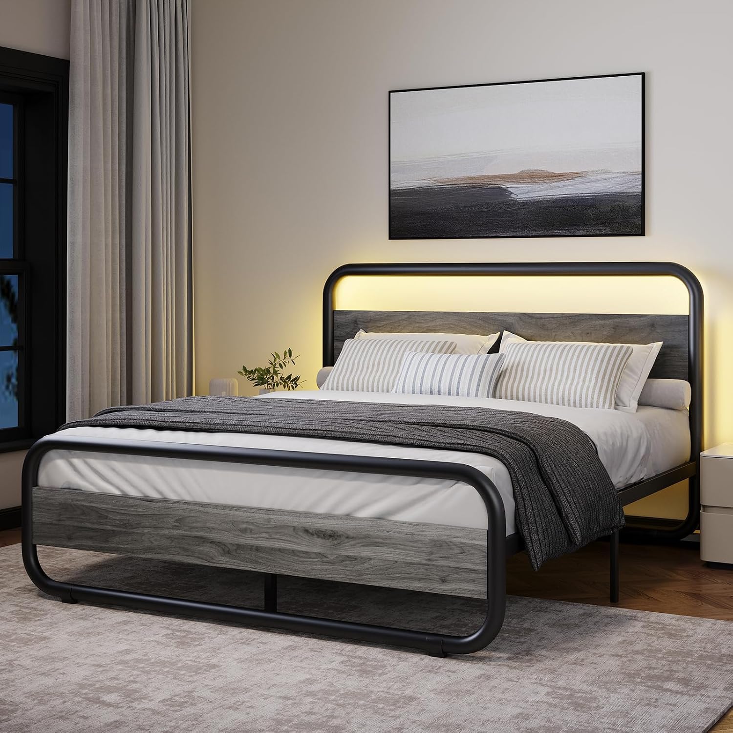Catrimown Full Size Bed Frame with LED Lights, Heavy Duty Metal Rustic Platform Bed Frame Full Size with Wood Headboard, Noise Free, No Box Spring Needed,Wash Gray