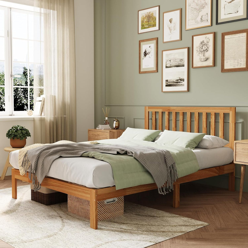 Novilla Queen Bed Frame with Headboard, Solid Wood Bed Frame Foundation with Wood Slat Support, No Box Spring Needed, Easy Assembly, Oak