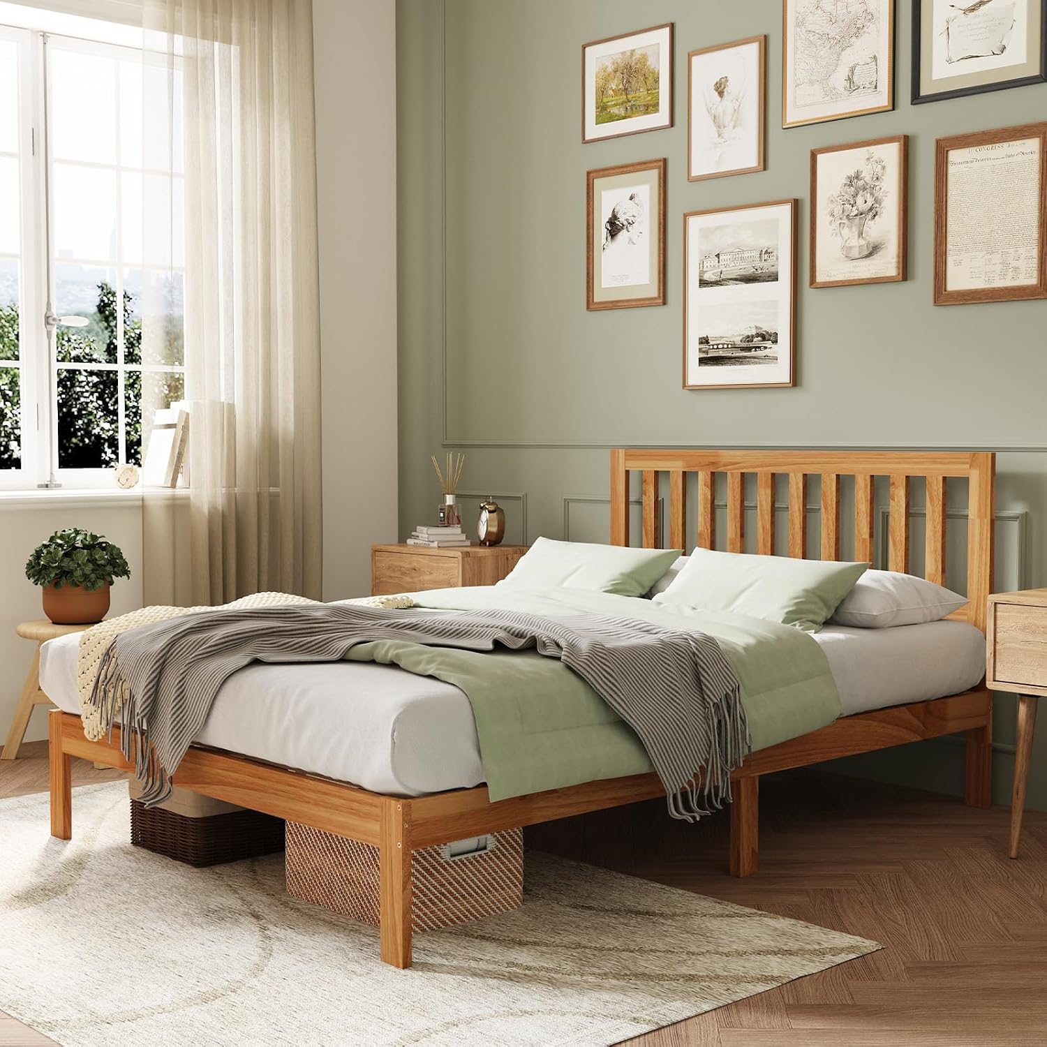 Novilla Queen Bed Frame with Headboard, Solid Wood Bed Frame Foundation with Wood Slat Support, No Box Spring Needed, Easy Assembly, Oak