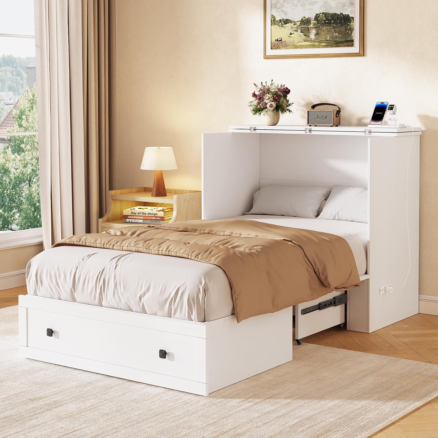 LIVAUVEAD Murphy Bed with Built-in Charging Station, Space-Saving Murphy Bed Chest Twin with Drawer, Foldable, for Home Office Guest Room Bedroom White