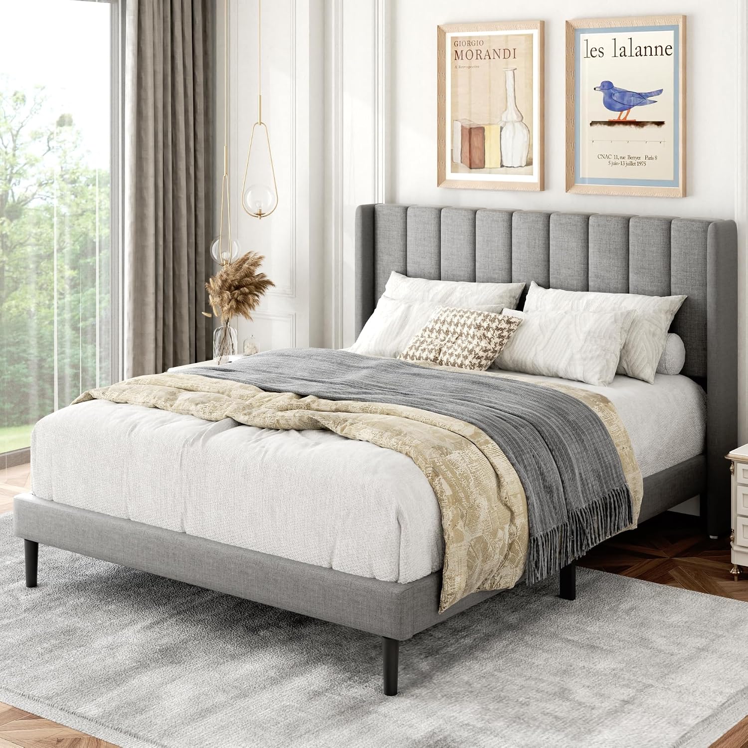 Gruwans Full Size Bed Frame with Upholstered Wingback Headboard, Easy Assemnly Platform Bed, Wooden Slat Support No Box Spring Needed, Light Gray